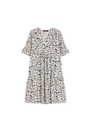Robe à fleurs noir et blanc avec col en V, manches courtes à volants et taille froncée, longueur genou et tissu fluide.