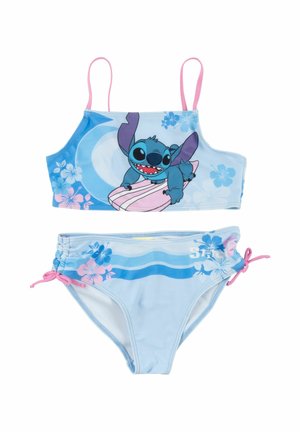Two-piece girls' swimsuit featuring a light blue crop top with Stitch graphic, pink straps, and matching bottom with floral and wave patterns.