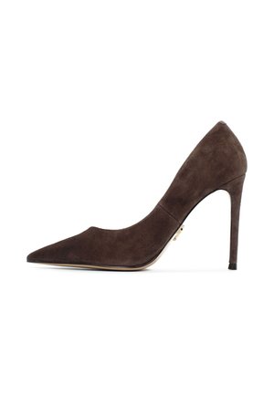 Décolleté in suede marrone con punta affusolata e tacco a spillo. Texture liscia e design minimalista. Accentatura in metallo dorato sul lato.