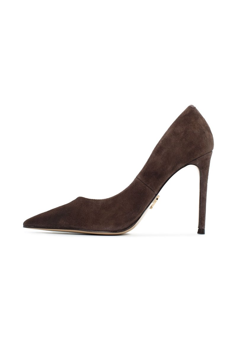 Décolleté in suede marrone con punta affusolata e tacco a spillo. Texture liscia e design minimalista. Accentatura in metallo dorato sul lato.