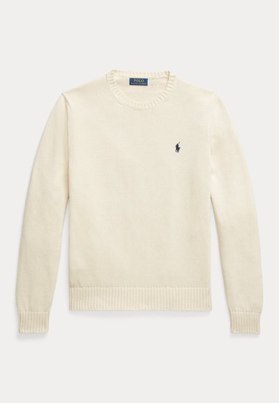 Kreemjas värvitud soonikkoes pikkade varrukatega kampsun, millel on soonikkrae ja -ääris ning väike tumesinine Polo Ralph Laureni logo rinnal.