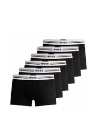 Svarta bomullboxer trunks, med en vit midjeband med "BOSS"-logotyp och guldaccenter. Set om sex. Slät textur, figurnära design.