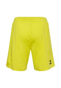 Gula sportshorts med elastiskt midjeband. Har en svart logotyp på nedre vänstra sidan. Slät, lättviktsmaterial.