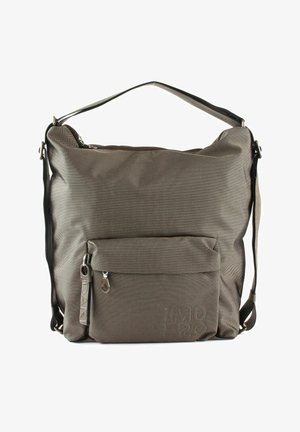 Braune strukturierte Stoff-Schultertasche mit einer vorderen Reißverschlusstasche, verstellbarem Schultergurt und Logodetails an der Seite.