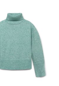 Maglione verde menta, cropped con colletto alto e texture a coste. Presenta maniche lunghe e una finitura in maglia morbida. Design minimalista, senza motivi.