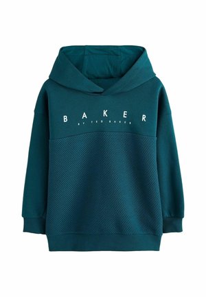 Türkisfarbener Kapuzenpullover mit geripptem unteren Teil und weißem "BAKER by Ted Baker"-Text auf der Brust, langen Ärmeln und elastischen Bündchen.