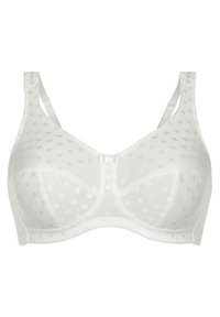 Biały stanik z wzięciem w kropeczki, z regulowanymi ramiączkami, wsparciem w postaci fiszbin oraz centralnym zapięciem na haftkę. Gładki materiał.