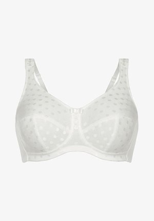 Biały stanik z wzięciem w kropeczki, z regulowanymi ramiączkami, wsparciem w postaci fiszbin oraz centralnym zapięciem na haftkę. Gładki materiał.