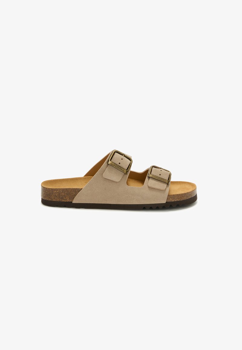 Beige Wildleder-Slidesandale mit zwei verstellbaren Metall-Schnallen, Kork-Fußbett und strukturierter schwarzer Gummisohle.