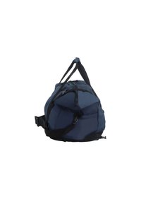 Bolsa de deporte color azul marino con asas negras, que cuenta con cremalleras, correa de hombro ajustable y una superficie texturizada. Forma compacta y redondeada.