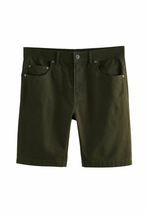 Dunkelgrüne Shorts aus robustem Stoff, mit zwei vorderen Taschen, einem Knopfverschluss und einem geraden Schnitt mit gesticktem Saum.