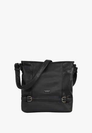 Black leather shoulder bag with a textured surface, featuring a detachable strap and silver-tone hardware accents. Bucket-shaped design.