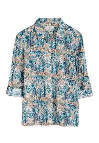 Button-Up-Hemd mit einem mehrfarbigen botanischen Druck in verschiedenen Grüntönen, Blau und Pink. Hergestellt aus leichtem Stoff, mit ¾-Ärmeln.