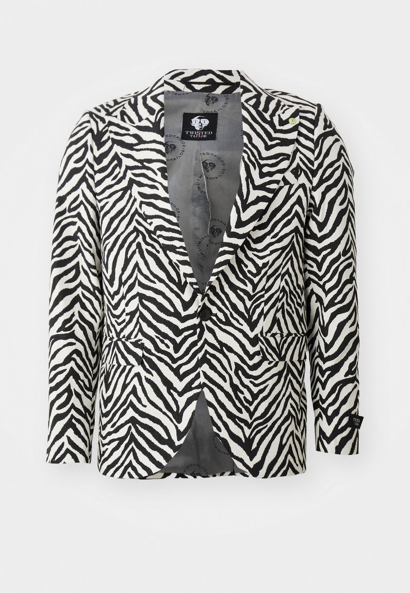 Zebra-Print-Blazer in Schwarz und Weiß, mit zwei Vorderaschen, einer Ein-Knopf-Verschluss und Reversdetails. Glattes Gewebe mit strukturiertem Design.