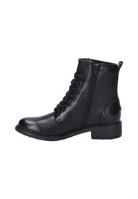 Bottine en cuir noir avec un bout rond, un laçage à l'avant et une fermeture éclair sur le côté. Comprend des détails de couture et un petit talon carré.