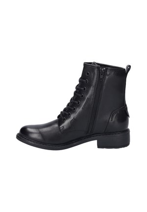 Bottine en cuir noir avec un bout rond, un laçage à l'avant et une fermeture éclair sur le côté. Comprend des détails de couture et un petit talon carré.