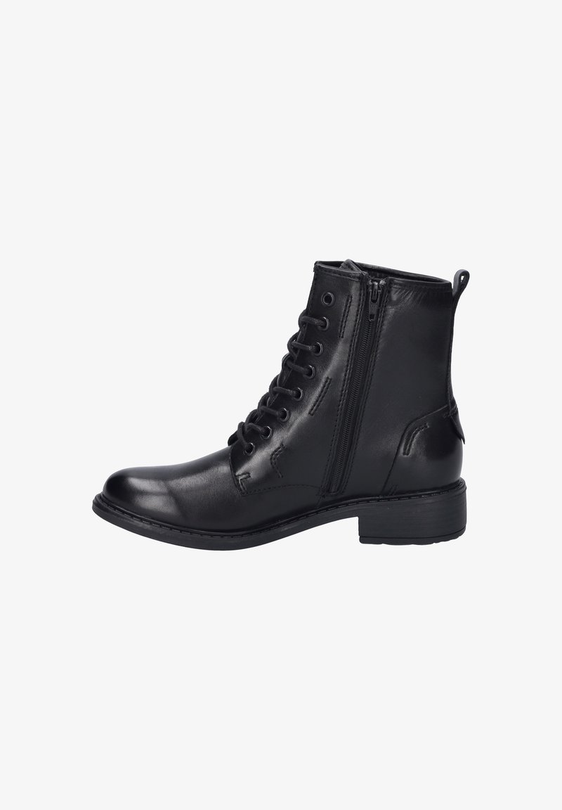 Black leather ankle boot with a rounded toe, lace-up front, and side zipper. Features stitching details and a low block heel.