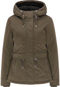 Grön vattentät jacka med huva, dragsnören, sidofickor med dragkedja och ett strukturerat innerfoder. Har en figursydd midja och mjukt tyg.