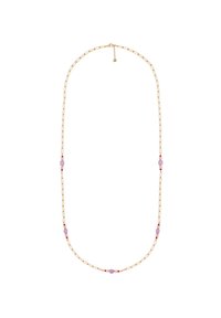 Guld halskæde med en blanding af lilla og røde perler, med et forlænget linksdesign og en spændeåbning.