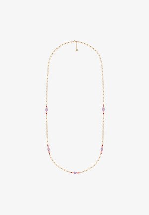 Goldkette mit einer Mischung aus lila und roten Perlen, im Design mit verlängerten Gliedern und einem Verschluss.