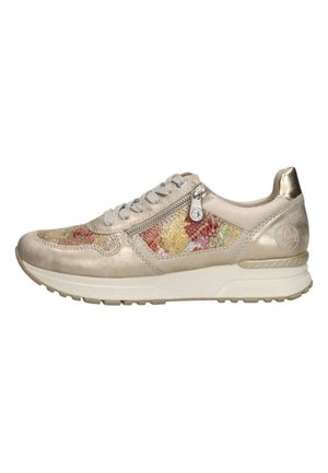 Metallic gold sneaker with a textured design in red, yellow, and white accents. Features a side zipper, grey laces, and a thick white sole.