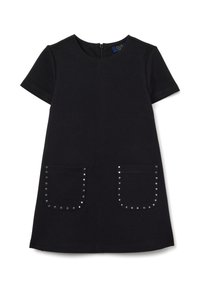 Robe noire à manches courtes et col rond, dotée de deux poches avant ornées de clous en argent. Fermeture éclair au dos, tissu au toucher lisse.