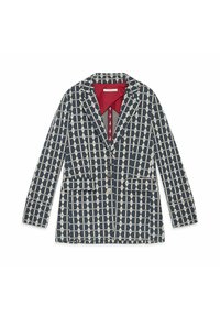 Blazer avec un motif géométrique bleu marine et crème, avec un col rouge, deux poches avant et une fermeture à trois boutons. Matière en mélange de coton.