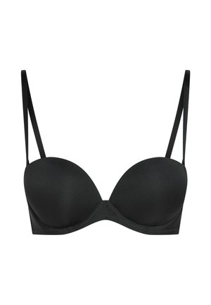 Black underwire padded bra with adjustable thin shoulder straps and smooth molded cups.