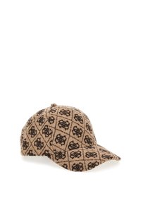 Casquette de baseball marron à motifs fabriquée en tissu texturé, présentant un motif en losange avec des accents floraux noirs et une visière incurvée.