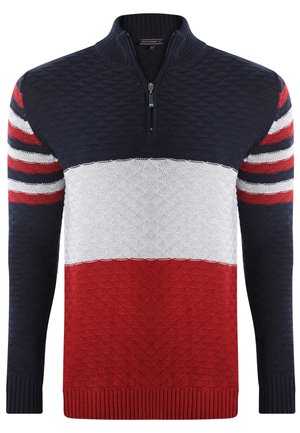 Pull en tricot pour homme avec des rayures horizontales bleu marine, blanc et rouge, col à fermeture éclair quart, et manches rayées aux couleurs assorties.