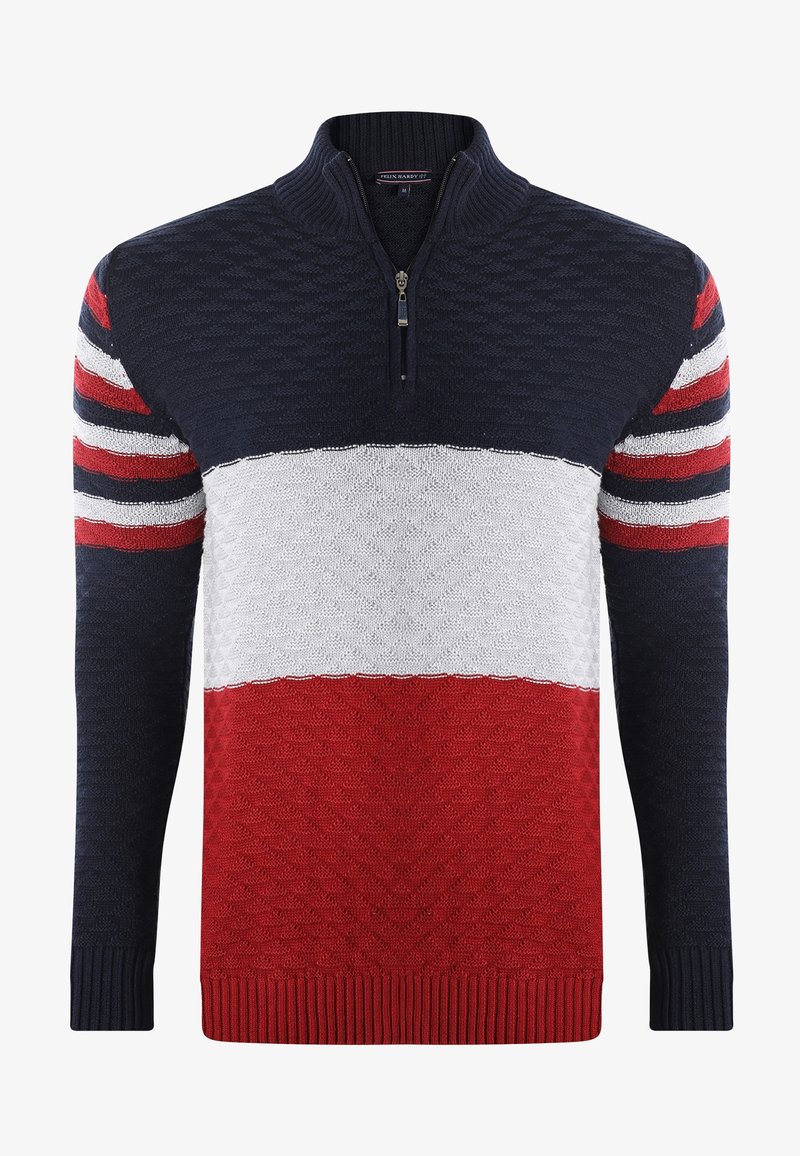 Pull en tricot pour homme avec des rayures horizontales bleu marine, blanc et rouge, col à fermeture éclair quart, et manches rayées aux couleurs assorties.