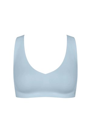 Light blue seamless sports bra with wide straps and a V-shaped neckline, designed for comfort and support.