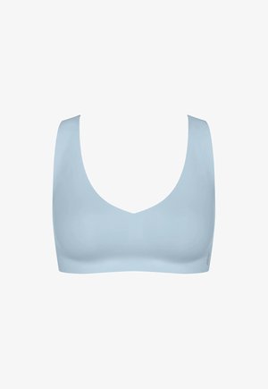 Brassière de sport bleu clair sans couture avec larges bretelles et encolure en V, conçue pour le confort et le maintien.