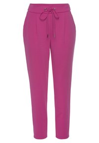 Fuchsia jogger pants with a drawstring waistband, tapered leg design, pleats at the front, and soft, stretchable fabric.