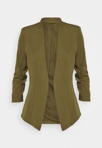Olive green tailored blazer with a shawl collar, ruched three-quarter sleeves, and a straight silhouette. Smooth fabric with a clean design.