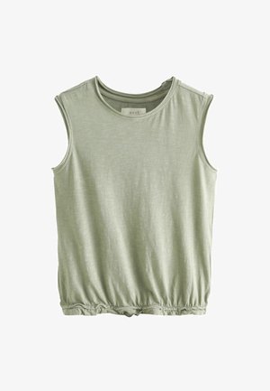 Helles grünes ärmelloses Oberteil aus weichem Stoff. Hat einen runden Ausschnitt und einen elastischen Saum für einen gerafften Effekt an der Taille.