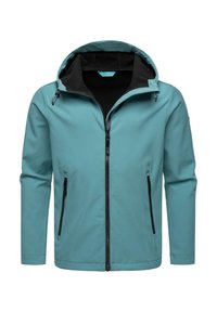 Türkise Softshelljacke mit einer schwarz gefütterten Kapuze, vorderem Reißverschluss und seitlichen Reißverschlusstaschen zur Aufbewahrung. Angenehme, glatte Außenstruktur.