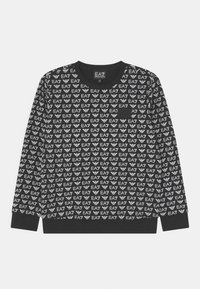 Black long-sleeve sweatshirt featuring an all-over white EA7 logo pattern. The design includes a round neckline and ribbed cuffs.