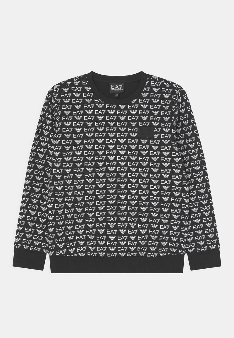 Black long-sleeve sweatshirt featuring an all-over white EA7 logo pattern. The design includes a round neckline and ribbed cuffs.