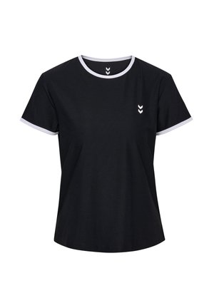 Zwart T-shirt met korte mouwen gemaakt van katoen, met een witte ronde halslijn en mouwtjes, en een klein wit chevron-logo op de borst.