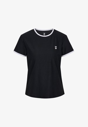 Zwart T-shirt met korte mouwen gemaakt van katoen, met een witte ronde halslijn en mouwtjes, en een klein wit chevron-logo op de borst.