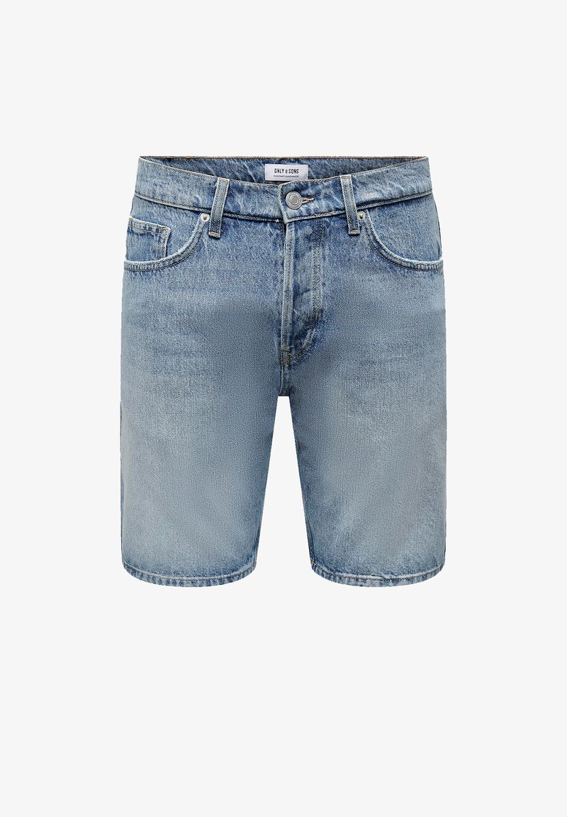 Vaaleansiniset farkkushortsit, joissa on normaali istuvuus, viisipaikkainen muotoilu, haalistunut pesu ja yksinkertainen nappisuljenta vyötäröllä.