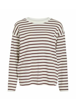 Long-sleeve striped top with a rounded neckline. Features alternating white and brown horizontal stripes. Soft, lightweight fabric.