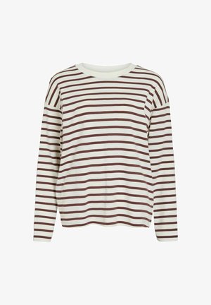 Langermet stripet topp med rund halslinning. Har vekslende hvite og brune horisontale striper. Myk, lett stoff.