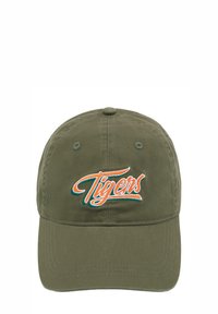 Cappellino da baseball in cotone verde oliva con visiera curva e logo "Tigers" ricamato in arancione e verde mare sul davanti. Fascetta regolabile sul retro.