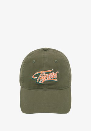 Olijfgroene katoenen honkbalpet met een gebogen klep en geborduurd "Tigers" logo in oranje en teal aan de voorkant. Verstelbare band aan de achterkant.