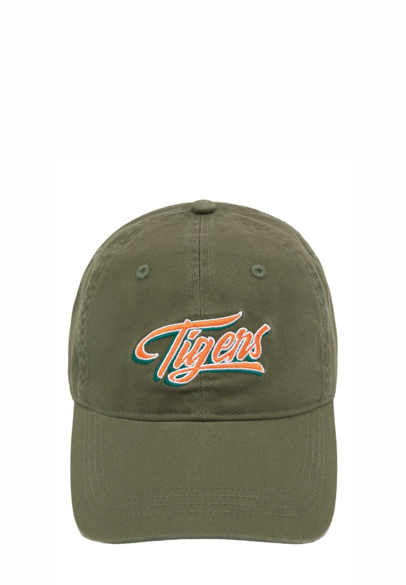 Cappellino da baseball in cotone verde oliva con visiera curva e logo "Tigers" ricamato in arancione e verde mare sul davanti. Fascetta regolabile sul retro.