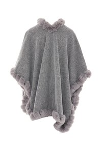 Grauer, strukturiert Poncho mit einem weichen Fellbesatz an den Kanten und am Halsausschnitt, der ein fließendes Design und eine lockere, offene Form aufweist.