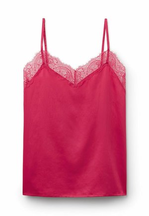Czerwona satynowa halka z cienkimi podwójnymi ramiączkami i falistą koronką w kwiatowy wzór wzdłuż dekoltu i górnej części piersi.