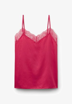 Czerwona satynowa halka z cienkimi podwójnymi ramiączkami i falistą koronką w kwiatowy wzór wzdłuż dekoltu i górnej części piersi.